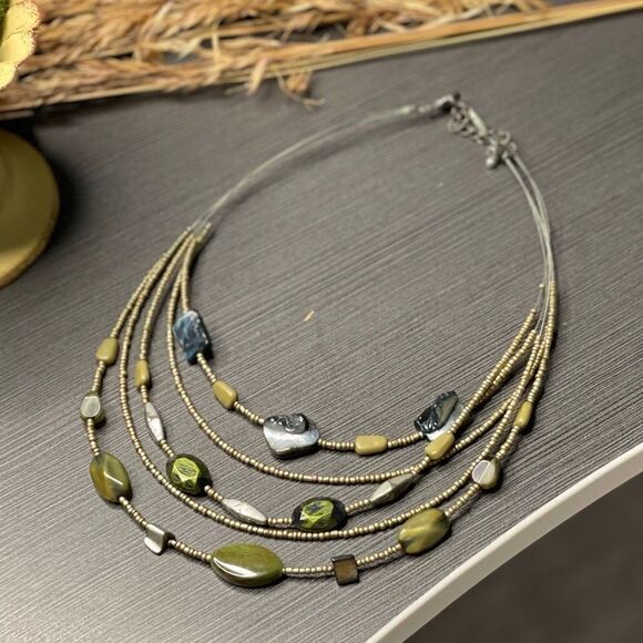 New York & Company Green Gold & Bronze Beaded Five Layer Necklace - OS - Picture 1 of 5